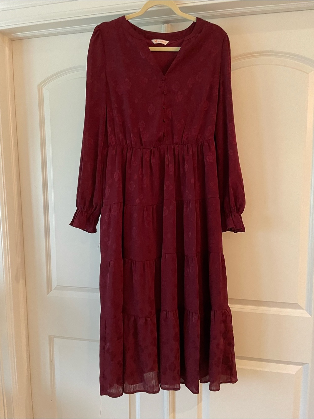 Long-Sleeve Burgundy Tiered Midi Dress w/ pockets